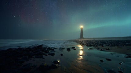 Lighthouse shining brightly on a rocky beach under a starry night with aurora borealis glow above