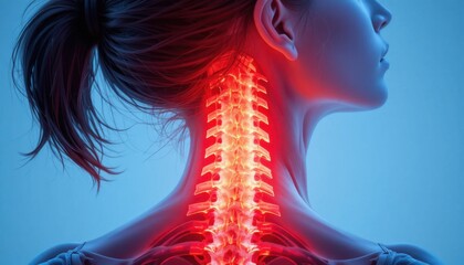 3D medical illustration of a human body anatomy showing a red heart and spinal backbone against an abstract black smoke background