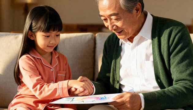 Asian grandfather and granddaughter looking at a colorful drawing at home. Senior man and young girl bonding and spending quality time together. Intergenerational family love and connection