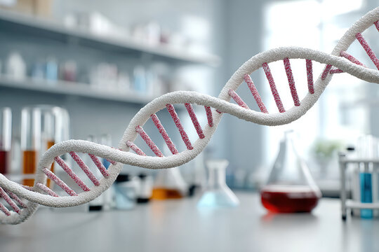 DNA double helix model in a laboratory setting, representing genetics and science