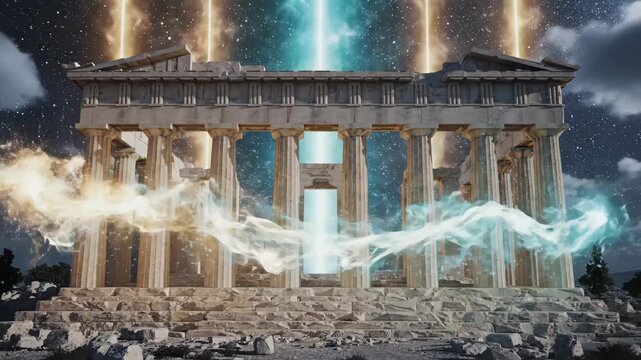 Ancient parthenon ruins stand at night, vibrant magic energy flowing through the columns with glowing plasma, symbolizing ancient power, mystery, and mythological influence