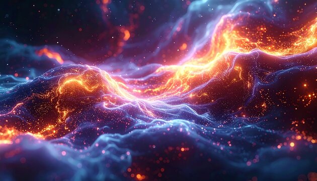 Cosmic clouds display glowing blue and orange energy. Dazzling ethereal abstract galaxy background with swirling nebulae