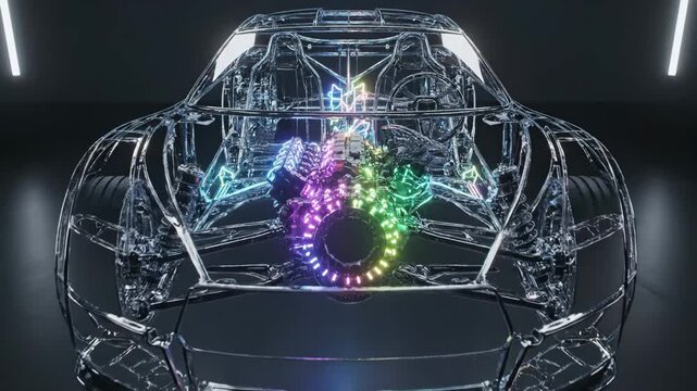 Futuristic transparent vehicle chassis showcasing an internal electric powertrain with neon lighting, representing advanced automotive technology and eco-friendly transportation concepts