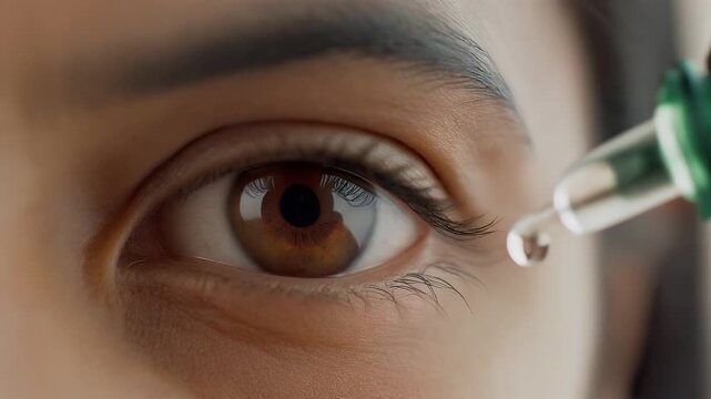 Close-up of eye drop being applied to a brown human eye.