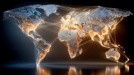 Global network connections depicted on a world map with city lights and data flow showcasing