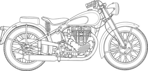 Vintage motorcycle line drawing, classic bike illustration, mechanical parts sketch, black and white art, retro transport, engine detail design © razia
