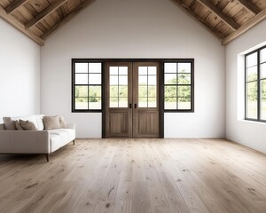 Elegant countrystyle barn interior with vintage furniture and exposed architecture