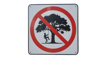 Clear warning sign prohibits climbing trees, protecting nature and ensuring safety with a bold red prohibition symbol
