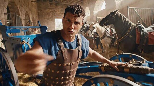 Young man in roman soldier costume takes a selfie with a confused expression beside a chariot and horses in an ancient stable, blending modern phone culture with antiquity