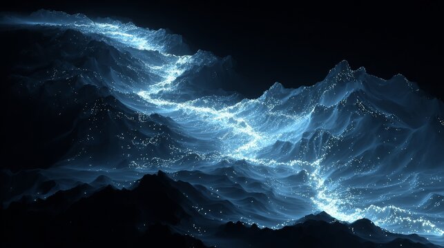 Luminous blue abstract mountain range shimmering in the dark digital landscape rendering