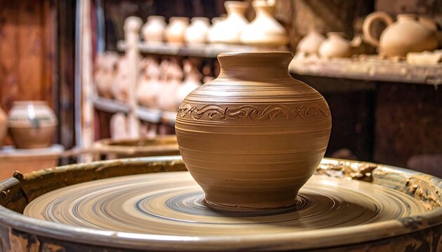 Clay pot crafted on a spinning wheel, artful swirls on the vessel with other pots blurred in the background