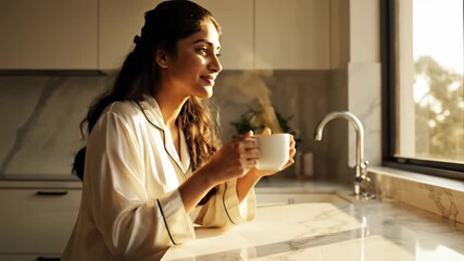 Woman in pajamas smiling and holding a steaming mug in a modern kitchen, appreciating a peaceful start to the day with warm morning sunlight illuminating the scene