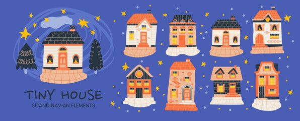 Starry night with vintage small houses and doodle trees on cozy street.