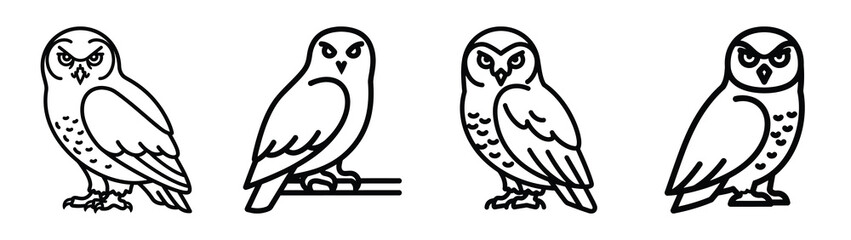snowy owl line art icon set. Christmas outline Vector illustration icons.