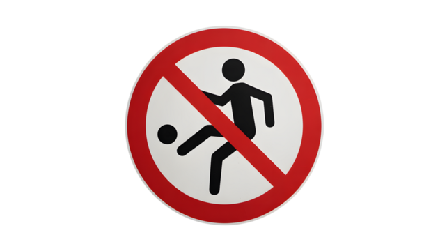 Clear prohibition sign showing no kicking or playing with a ball, essential for safety and order in designated areas.