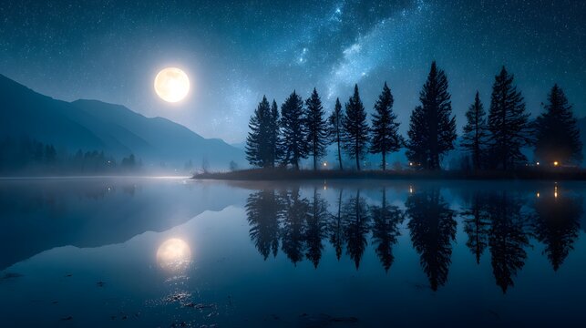 A serene night scene featuring a lake reflecting the moon and silhouetted trees under a starry sky