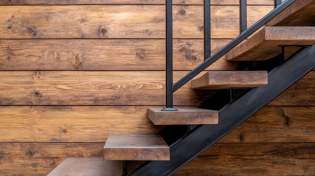 Rustic staircase design in barn with open risers and wrought iron rail