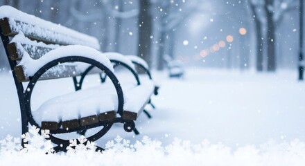 Park bench covered with fresh snow during heavy snowfall. Empty winter landscape with falling snowflakes. Cold season nature scene for holiday card