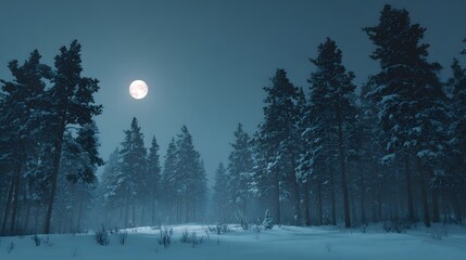 A winter landscape with snow covered trees and a full moon shining brightly in the dark blue sky above