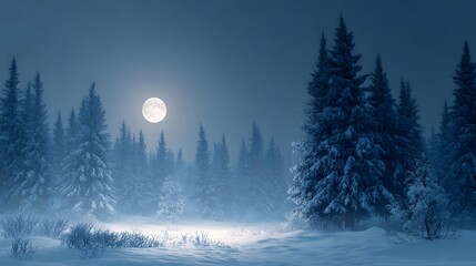 A winter scene with snow covered trees and a bright full moon in the night sky creating a serene view