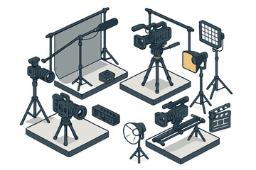 Isometric set of professional video and movie production equipment including cameras, lighting, and sound gear