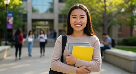 Asian female student smiling outdoors on campus holding books