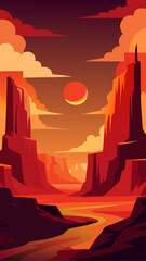 Illustration of a canyon landscape at sunset with clouds