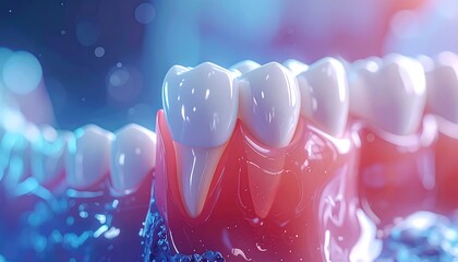Dental close-up showing gums and teeth, rendered in bright blue and pink hues with blurred bubbles
