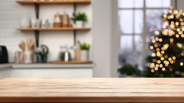 An empty wooden table in a white kitchen with a blurred christmas tree and lights in the background for a christmas promotion or food presentation product display mockup