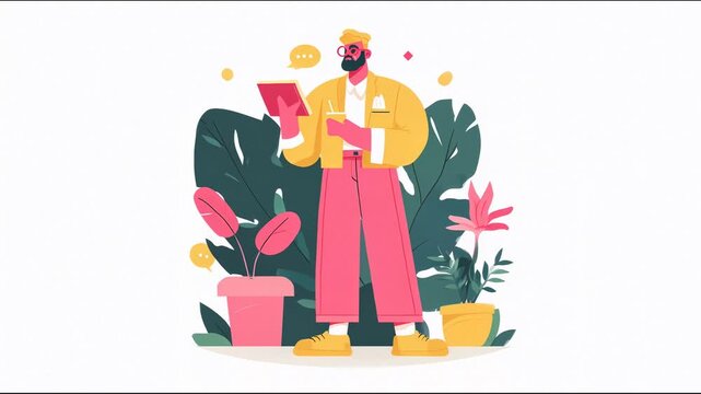 A man in a yellow jacket holding a book, surrounded by various plants in colorful pots.