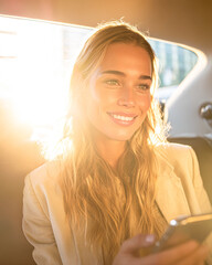 A young woman smiles while using her phone in the backseat of a car, illuminated by warm sunlight.