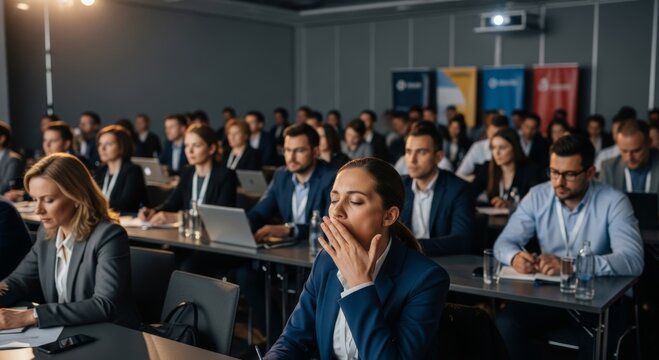 Bored young caucasian female yawning in business meeting with diverse audience - Powered by Adobe