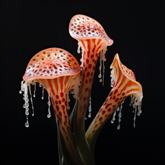 Fantastical Fungi A Trio of Exotic Mushrooms with Drip-like Accents on a Black Backdrop