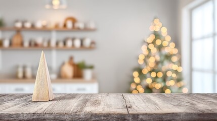 An empty wooden table in a white kitchen with a blurred christmas tree and lights in the background for a christmas promotion or food presentation product display mockup