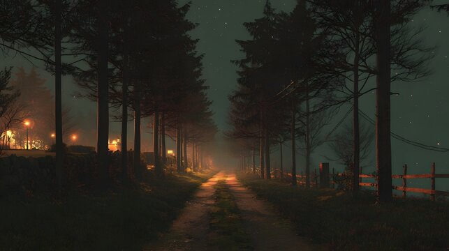 A dimly lit road lined with tall trees at night with faint lights in the distance and a dark sky