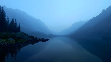 A tranquil lake reflecting misty mountains and trees under a blue hued sky in a serene landscape