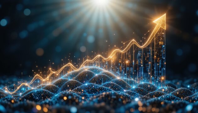 Holographic graph rising upward symbolizing economic growth and innovation.