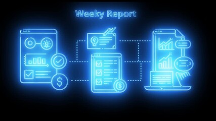 Blue neon weekly report workflow with financial indicators and digital performance charts