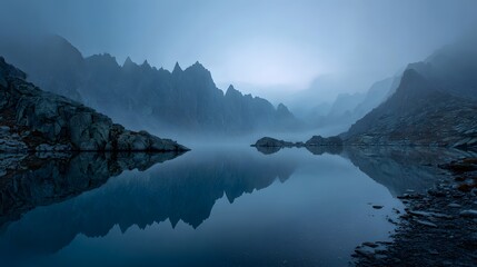 A serene lake reflects misty mountains under a blue sky creating a calm and peaceful landscape view