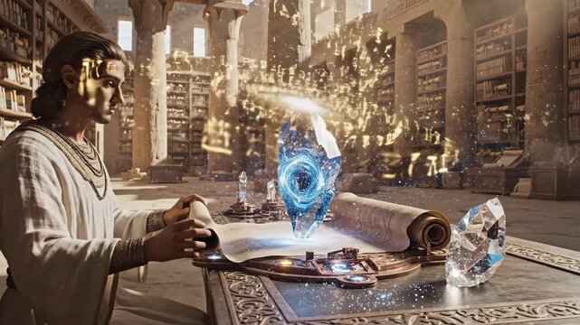Scholar studies an ancient scroll by a glowing magic crystal on an ornate table in a vast library of books and papyrus, evoking historical fantasy, mystery, and wisdom