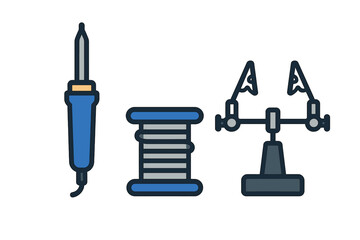 Soldering iron, spool of solder wire, and helping hands for electronics repair