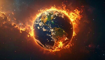 Earth ablaze, engulfed in flames, amidst a nebula backdrop in space, showcasing environmental crisis