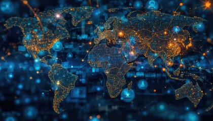 Global financial network with digital stock data and world map connections.