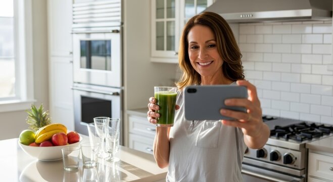 Caucasian female adult taking selfie with green smoothie in modern kitchen - Powered by Adobe