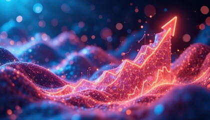 Abstract 3D graph of cryptocurrency growth with neon lights and digital effects.