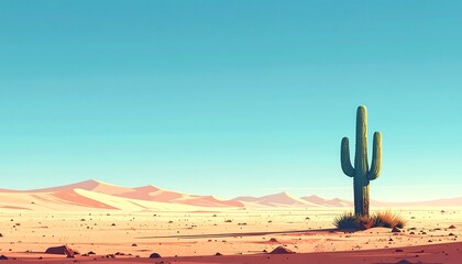 Desert landscape with a saguaro cactus under a bright blue sky and dunes in the background
