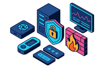 Digital network security elements including server hardware, firewall, data protection, and secure access