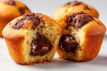Realistic close up of muffins with chocolate center highlighting soft texture and melted chocolate