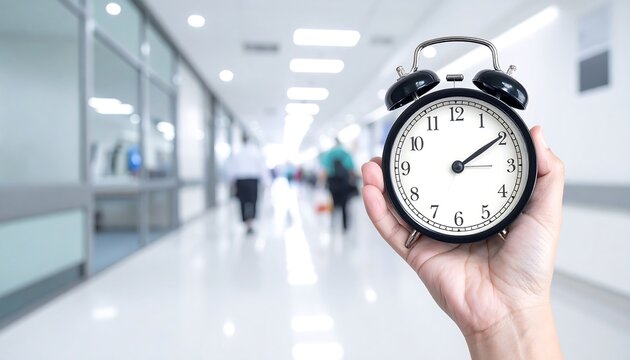 Clock held in a hand against blurred background of a bright, modern hallway with indistinct figures
