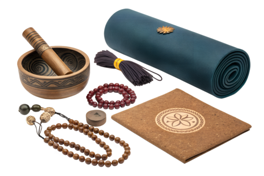Yoga and meditation set featuring mat singing bowl beads and journal items - Powered by Adobe